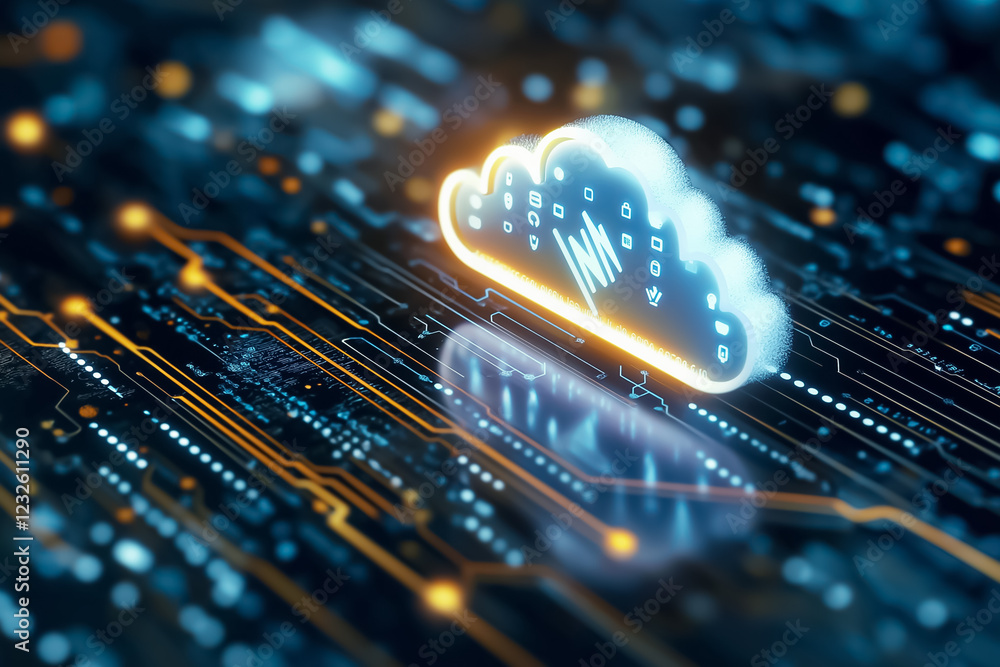 Poster a single white cloud with a digital upload arrow appears against a vibrant tech-inspired background