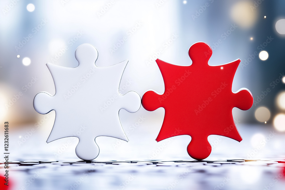 Poster two puzzle pieces connect in mid-air. the background features a blurred urban landscape with soft li