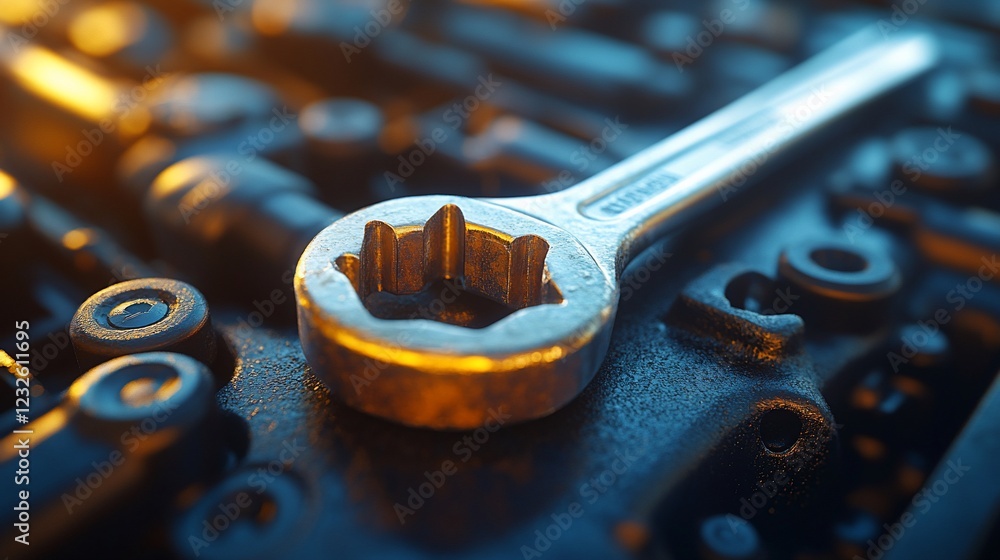Poster close-up of a wrench resting on a surface of various tools and mechanical parts.