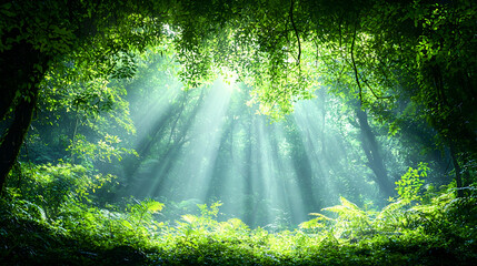 Obraz premium Sunbeams in lush green forest, misty atmosphere, tranquility, nature background, ideal for wellness