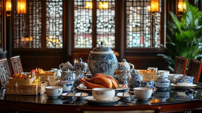 Elegant Chinese Dining Experience with Roasted Duck and Tea