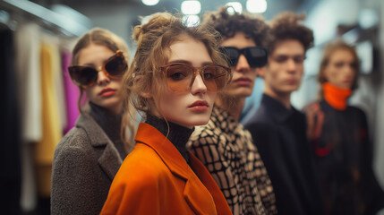 Obraz premium A team of four fashion stylists, two men and two women, wearing trendy outfits, standing in a backstage dressing room with blurred models and racks of designer clothes behind them.