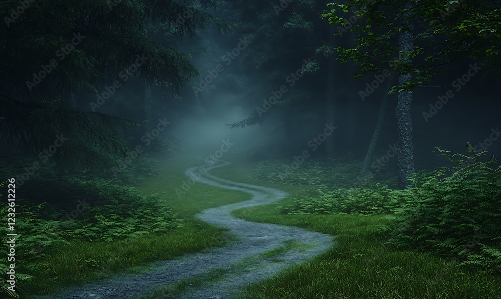 Poster a winding path through a misty forest creates an atmosphere of mystery and tranquility.