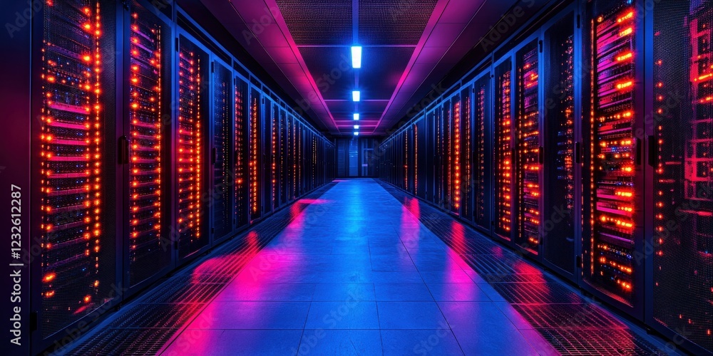 Poster long hallway featuring rows of computer servers in a data center environment