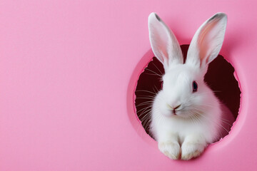 Fototapeta premium A beautiful white rabbit comes out of a hole on a pink background on the right. Advertising banner for Easter. Celebration of Holy Easter.