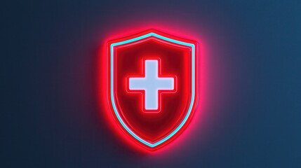 Obraz premium Neon Medical Shield Icon on Dark Background