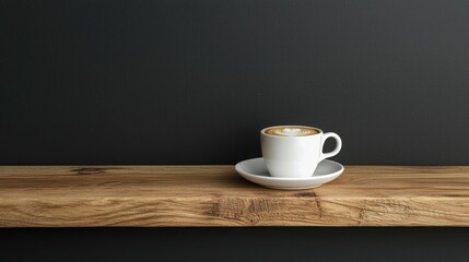 Fototapeta premium A minimalistic kitchen countertop with an isolated espresso cup and saucer placed on a wooden table.