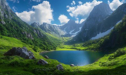 A serene mountain landscape with a tranquil lake surrounded by lush greenery and vibrant clouds.