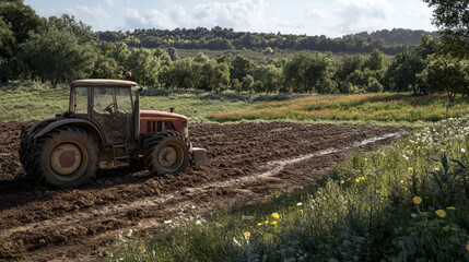 Fototapeta premium A tractor works diligently to plow rich, dark soil in a picturesque farm landscape. Rolling hills are dotted with trees and vibrant flowers, creating a serene backdrop during late afternoon