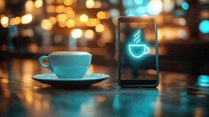 A digital representation of an espresso cup icon on a phone screen with a coffee shop in the background.