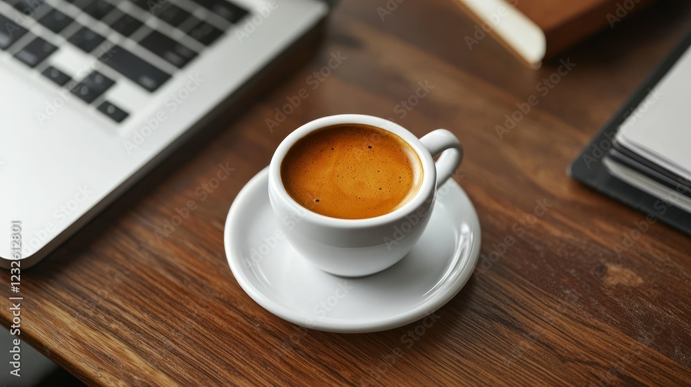 Aufkleber a conceptual image of a minimalist espresso icon placed on a desk with a laptop and stationery.