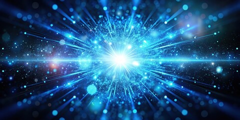 Naklejka premium Glowing blue particle explosion on dark abstract bokeh background, neon lights