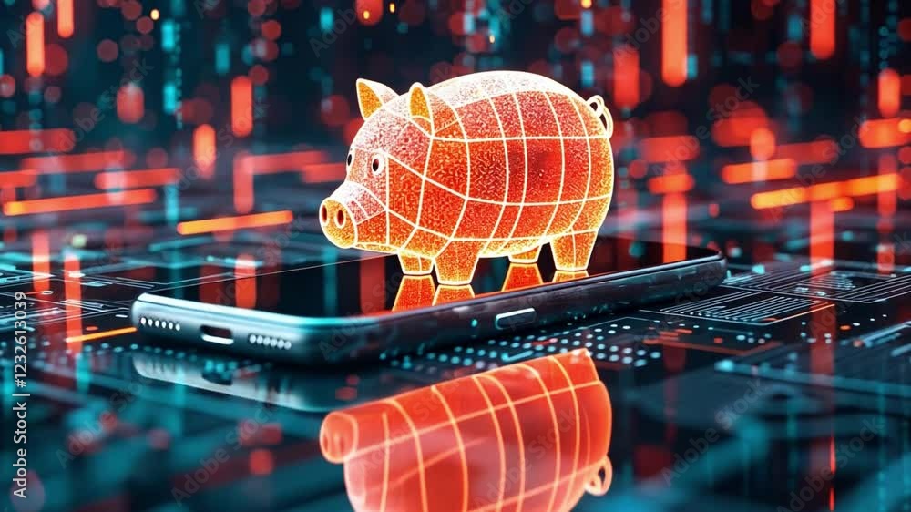 Poster digital representation of a piggy bank on a smartphone with glowing circuits in a high-tech environm