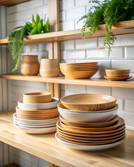 sustainable living, A cozy kitchen display featuring stacked wooden and ceramic bowls on wooden shelves, complemented by green plants in a modern setting.