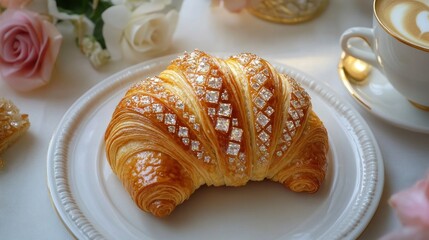 Delicious buttery croissant topped with sparkling sugar crystals, served on a plate with coffee and flowers.