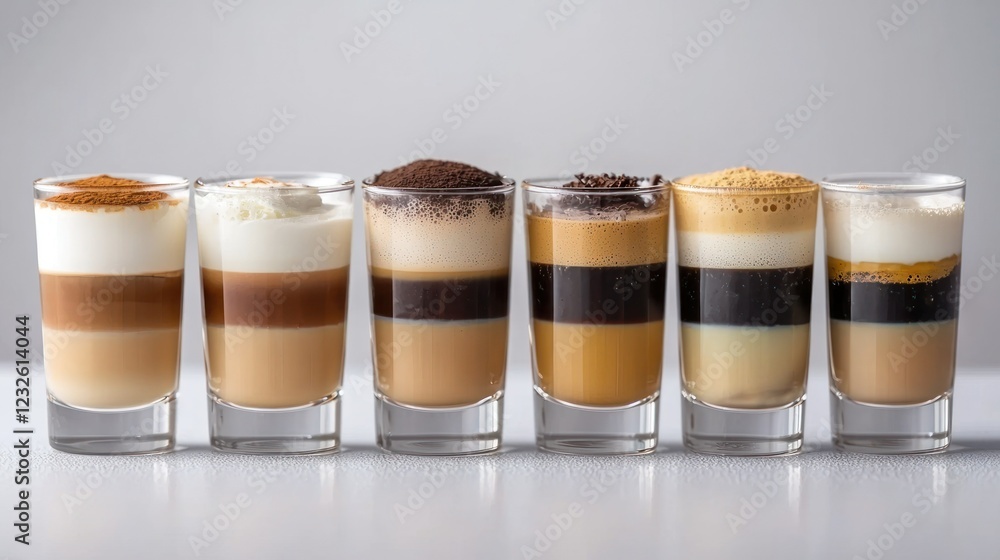 Poster a tabletop view of espresso drinks with different textures and layers of crema in a trendy cafã©.
