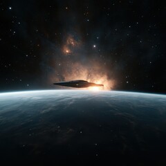 Obraz premium Stunning Spaceship Above Earth in Cosmic Background at Dawn