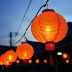 Obraz premium Vibrant Orange Lanterns Illuminating Night Sky in Festive Atmosphere