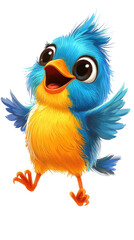 Naklejka premium Cheerful blue and yellow cartoon bird with big expressive eyes and open wings isolated on transparent background