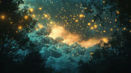 Fototapeta premium A fantasy landscape with glowing lights and soft clouds, evoking a sense of magic and wonder in an enchanting forest.