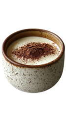  Creamy tiramisu dessert in rustic ceramic bowl topped with cocoa powder isolated on transparent background