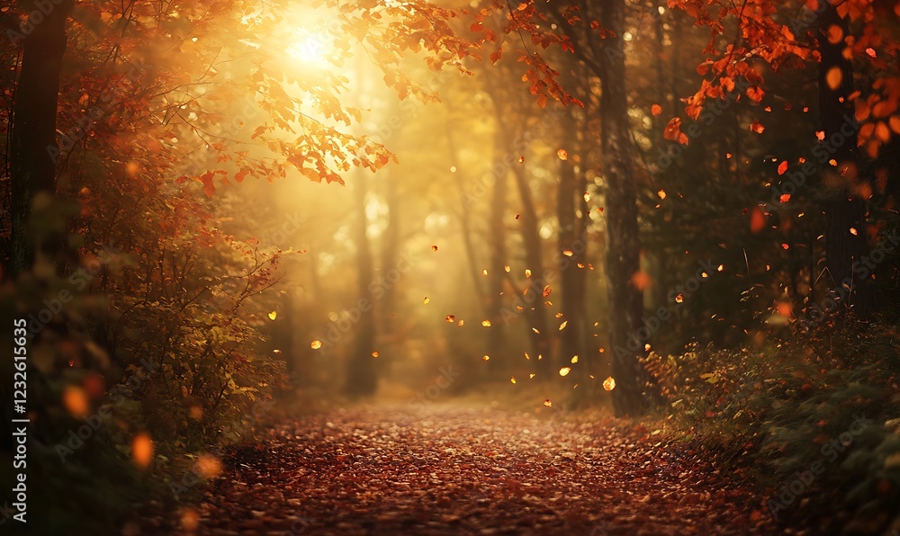 Aufkleber serene forest path illuminated by warm autumn light and falling leaves.