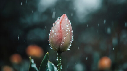 A delicate pink tulip bud stands tall in a lush garden, glistening with raindrops. The gentle rainfall creates a serene atmosphere, enhancing the beauty of the blossoming flower