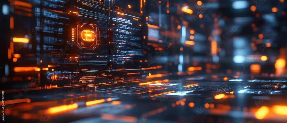 Poster computer screen illuminated by a glowing orange light in a dark environment creating a modern ambian