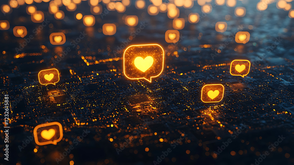 Poster glowing heart icons in speech bubbles float above a digital circuit board, representing online inter