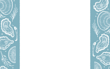 Oyster tasting banner, poster, or party flyer. A banner with space for text. Vector sketch illustration of fresh oysters and lemon. Perfect for seafood restaurant menus, packaging design, or event pro