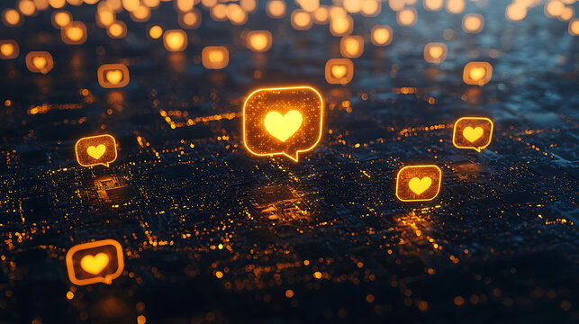 Glowing heart icons in speech bubbles float above a digital circuit board, representing online interaction and social media engagement.