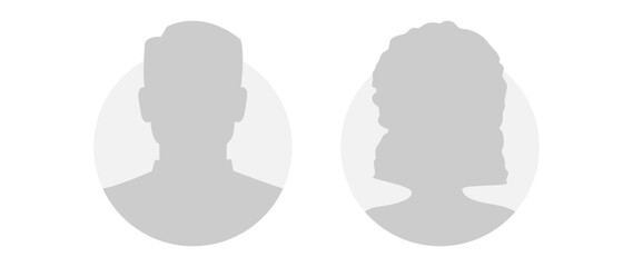 Vector flat illustration in grayscale. Icons of man and woman. Avatar, user profile, person icon, profile picture. Suitable for social media profiles, icons, screensavers and as a template.