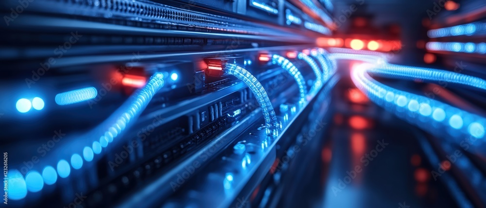 Poster long line of servers illuminated with red and blue lights in a data center environment