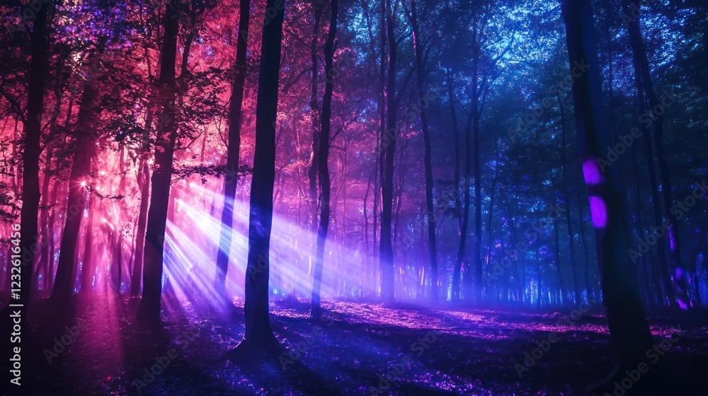 Aufkleber a glowing forest with beams of light filtering through the trees, creating a magical atmosphere for 
