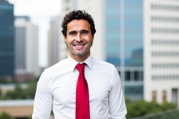Fototapeta premium Portrait of smiling businessman with red tie in city center