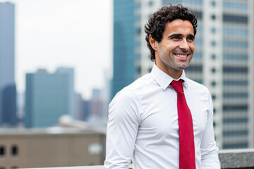 Fototapeta premium Portrait of smiling businessman standing on rooftop with city in background