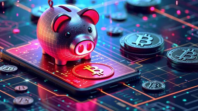 Exploration of cryptocurrency investment trends featuring digital piggy bank and virtual coins