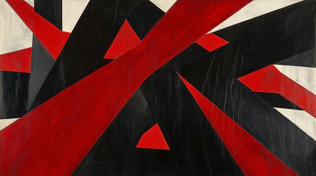 Hard-edge abstract with bold black and red rectangles intersecting at sharp angles