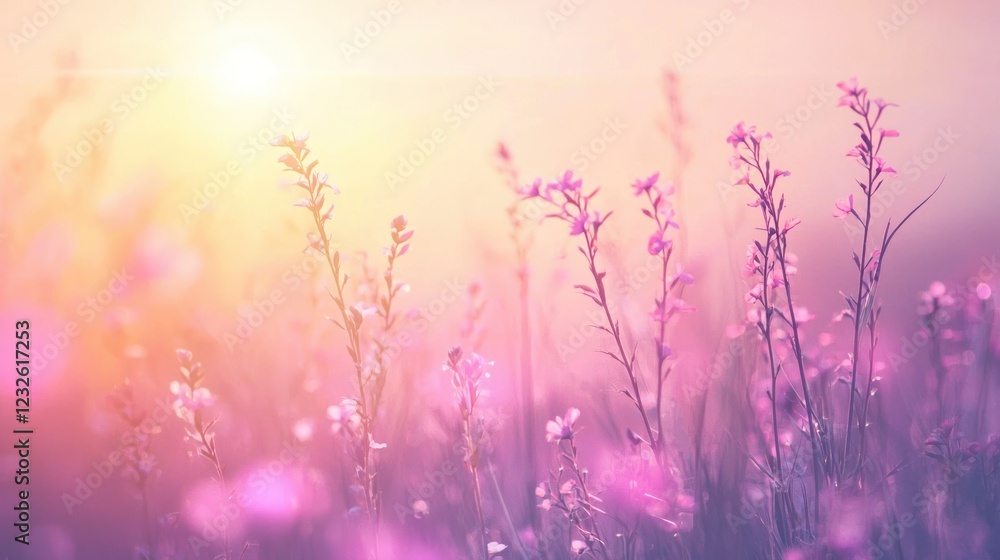 Poster a serene, glowing meadow at dusk, with soft light and delicate mist, creating an ethereal background