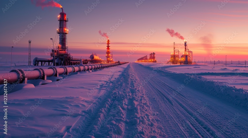 Aufkleber in a remote, snowy area at dusk, pipelines stretch toward the horizon while smokestacks emit smoke, 