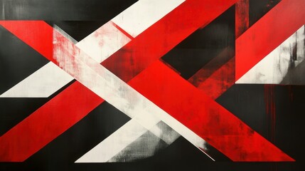 Hard-edge abstract with intersecting rectangles in bold red and white against a dark background