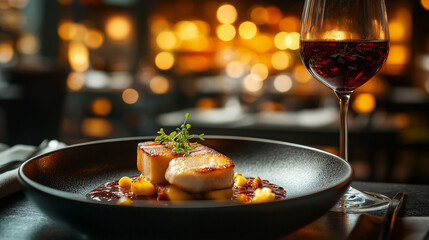 A beautifully plated gourmet dish on a dark ceramic plate in a high-end restaurant. Soft, ambient lighting highlights the rich textures and colors of the meal. A glass of red wine sits beside the dish