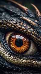 Fototapeta premium Close-up of a dark dragon's golden eye. Detailed photograph of scales and the evil hypnotic looking. The image of fantasy animal from danger wildlife. Mythological creatures. Fantastic ancient reptile