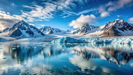 Majestic landscape of Smeerenburg glacier in Svalbard archipelago with snow-covered mountains and icy waters in a serene winter scene, snow covered mountains, ice cap