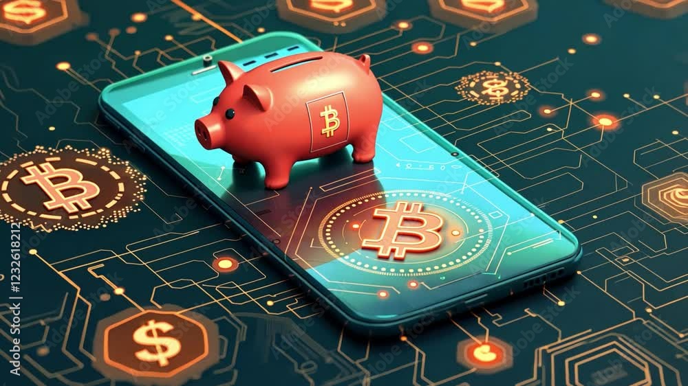Poster digital currency concepts with a piggy bank on a smartphone showcasing bitcoin
