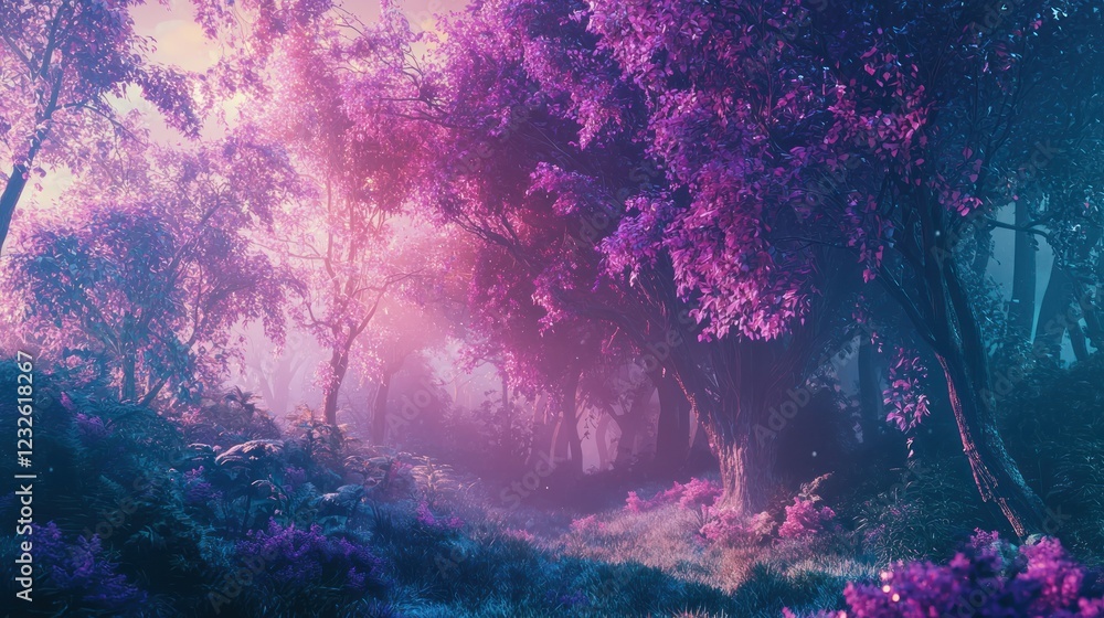 Poster a vibrant forest with soft, glowing light filtering through the trees, creating an ethereal ambiance