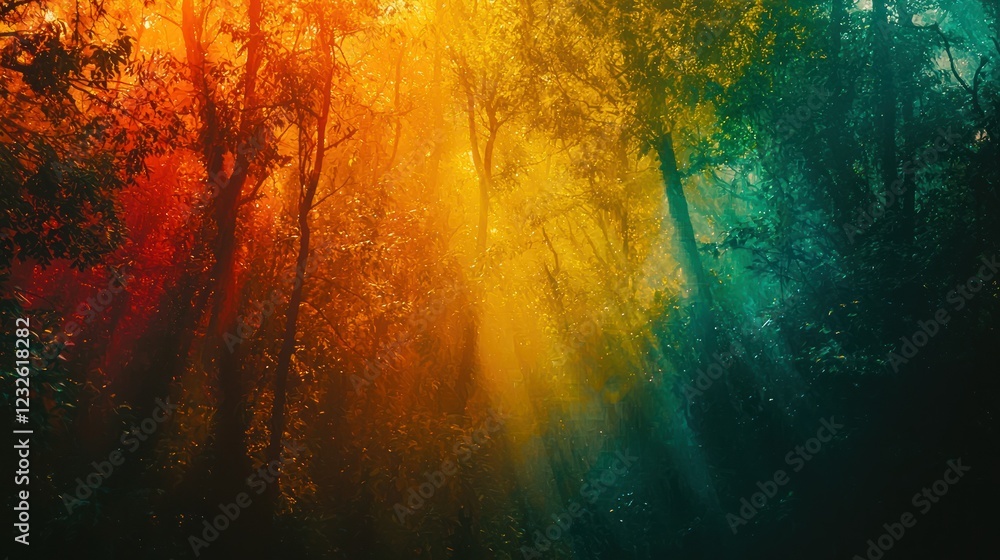 Poster a vibrant forest with soft, glowing light filtering through the trees, creating an ethereal ambiance