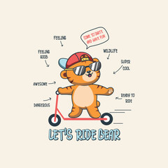 Cute bear happily riding a scooter, enjoying outdoor fun with playful energy and joy
