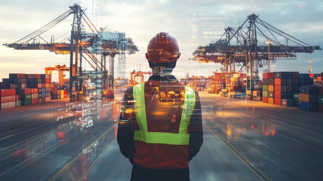 Engineer oversees cargo port operations at sunset