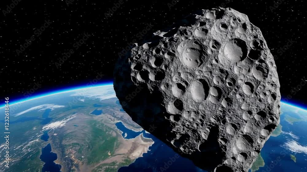 Poster massive asteroid hurtling toward planetary surface with potential worldwide destructive impact, thre